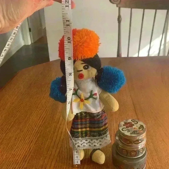 Mexican or South American Colorful Multicolor Cloth Doll with Pompoms - Picture 2 of 5